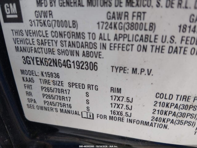 2004 Cadillac Escalade Ext Standard მანქანა იყიდება აუქციონზე, vin: 3GYEK62N64G192306, აუქციონის ნომერი: 46393358