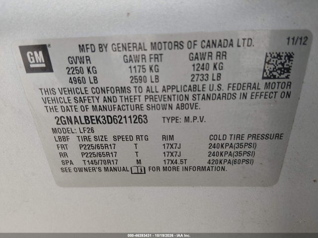 Продаж на аукціоні авто 2013 Chevrolet Equinox Ls, vin: 2GNALBEK3D6211263, номер лоту: 46393431