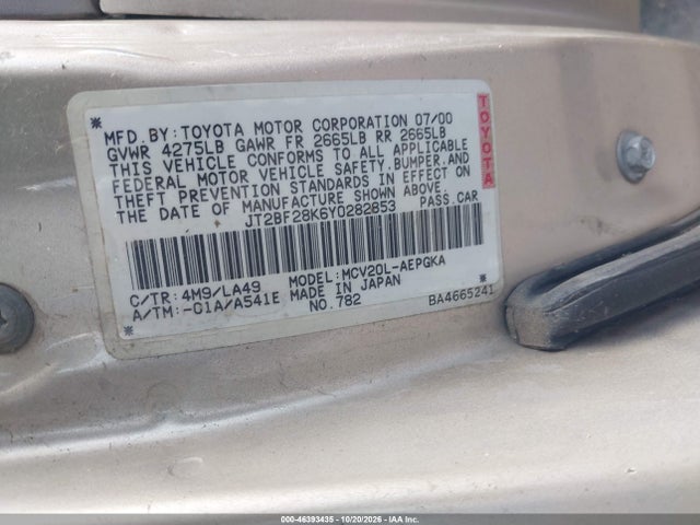 Aukcja sprzedaży 2000 Toyota Camry Xle V6, vin: Jt2BF28K6Y0282853, numer aukcji: 46393435