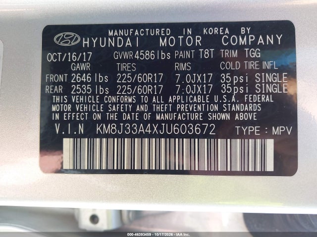Aukcja sprzedaży 2018 Hyundai Tucson Sel, vin: KM8J33A4XJU603672, numer aukcji: 46393459