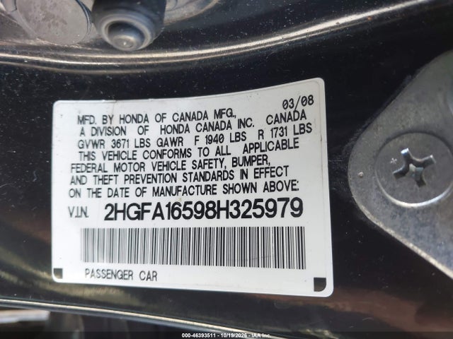 2008 Honda Civic Lx მანქანა იყიდება აუქციონზე, vin: 2HGFA16598H325979, აუქციონის ნომერი: 46393511