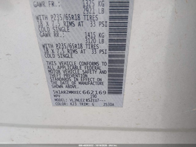 Продажа на аукционе авто 2014 Nissan Pathfinder Platinum/s/sl/sv, vin: 5N1AR2MMXEC662169, номер лота: 46393532