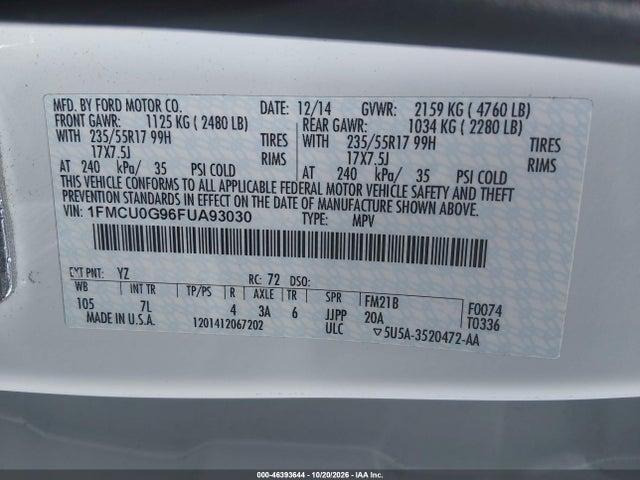 Продажа на аукционе авто 2015 Ford Escape Se, vin: 1FMCU0G96FUA93030, номер лота: 46393644