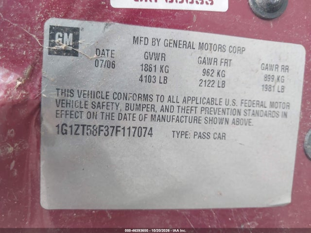 Продаж на аукціоні авто 2007 Chevrolet Malibu Lt, vin: 1G1ZT58F37F117074, номер лоту: 46393650
