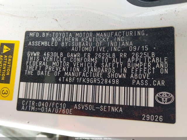 46393654 :رقم المزاد ، 4T4BF1FK9GR528498 vin ، 2016 Toyota Camry Le مزاد بيع