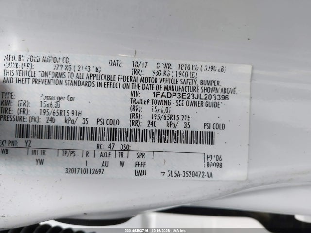 1FADP3E23JL203396 Ford FOCUS S