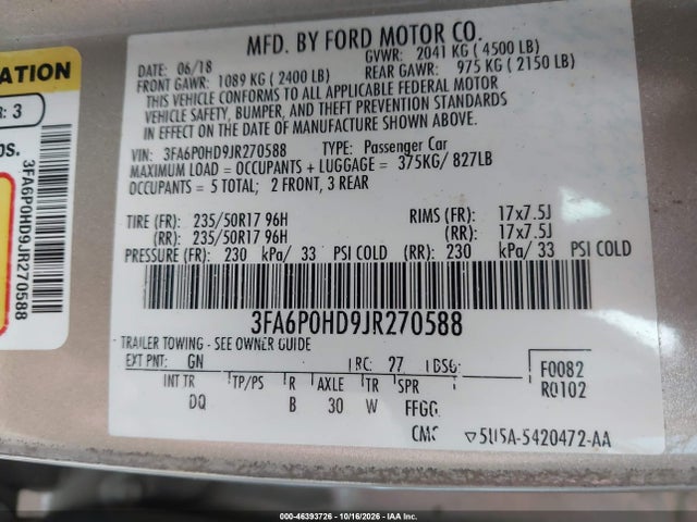 Aukcja sprzedaży 2018 Ford Fusion Se, vin: 3FA6P0HD9JR270588, numer aukcji: 46393726