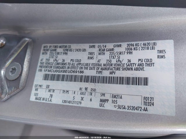 46393838 :رقم المزاد ، 1FMCU0GX8EUD69186 vin ، 2014 Ford Escape Se مزاد بيع