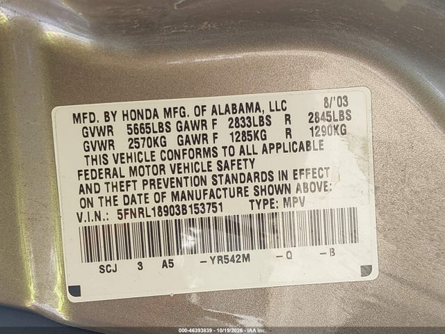 46393839 :رقم المزاد ، 5FNRL18903B153751 vin ، 2003 Honda Odyssey Ex-l مزاد بيع