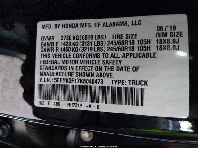 Aukcja sprzedaży 2019 Honda Ridgeline Sport, vin: 5FPYK3F17KB040473, numer aukcji: 46393853