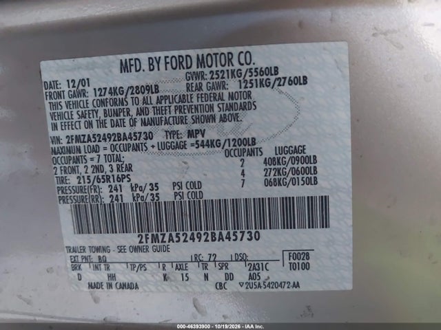 Продажа на аукционе авто 2002 Ford Windstar Se, vin: 2FMZA52492BA45730, номер лота: 46393900
