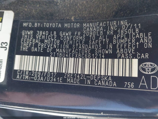 46393908 :رقم المزاد ، 2T1BU4EEXBC661214 vin ، 2011 Toyota Corolla S مزاد بيع