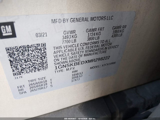 Aukcja sprzedaży 2021 Chevrolet Suburban 4wd Ls, vin: 1GNSKBEDXMR298222, numer aukcji: 46393937