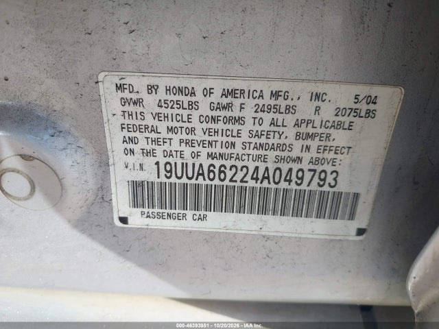 Продаж на аукціоні авто 2004 Acura Tl, vin: 19UUA66224A049793, номер лоту: 46393951