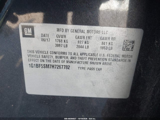 46394027 :رقم المزاد ، 1G1BF5SM7H7267782 vin ، 2017 Chevrolet Cruze Premier Auto مزاد بيع
