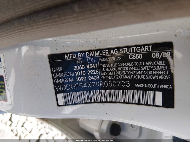 46394058 :رقم المزاد ، WDDGF54X79R050703 vin ، 2009 Mercedes-benz C 300 Luxury مزاد بيع