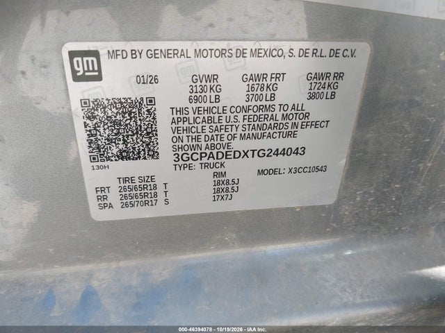 Aukcja sprzedaży 2026 Chevrolet Silverado 1500 2wd  Short Bed Rst, vin: 3GCPADEDXTG244043, numer aukcji: 46394078