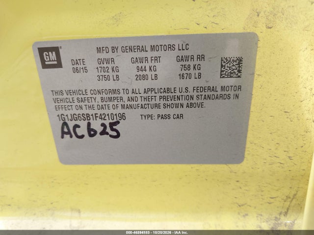 Продаж на аукціоні авто 2015 Chevrolet Sonic Rs Auto, vin: 1G1JG6SB1F4210196, номер лоту: 46394183