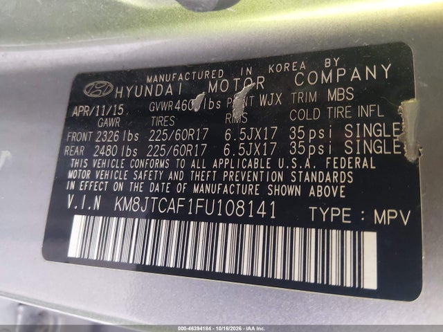 Aukcja sprzedaży 2015 Hyundai Tucson Gls, vin: KM8JTCAF1FU108141, numer aukcji: 46394184