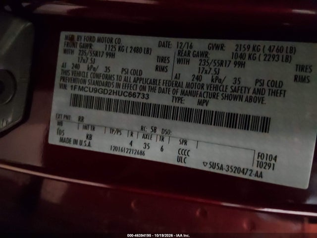 Продаж на аукціоні авто 2017 Ford Escape Se, vin: 1FMCU9GD2HUC66733, номер лоту: 46394195