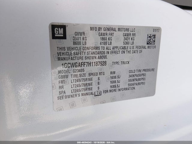46394243 :رقم المزاد ، 1GCWGAFF7H1187928 vin ، 2017 Chevrolet Express 2500 Work Van مزاد بيع