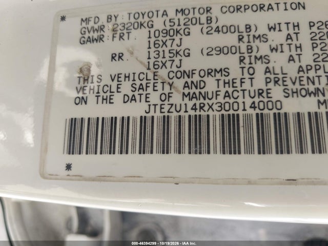 46394299 :رقم المزاد ، JTEZU14RX30014000 vin ، 2003 Toyota 4runner Sr5 V6 مزاد بيع