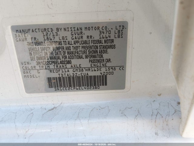46394324 :رقم المزاد ، 3N1CE2CP6EL402380 vin ، 2014 Nissan Versa Note Sv مزاد بيع