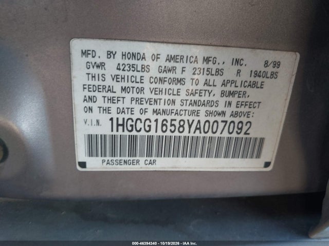 Aukcja sprzedaży 2000 Honda Accord 3.0 Ex, vin: 1HGCG1658YA007092, numer aukcji: 46394340