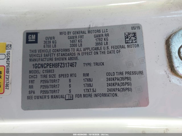 Aukcja sprzedaży 2015 Chevrolet Silverado 1500 Wt, vin: 1GCNCPEH8FZ317467, numer aukcji: 46394388