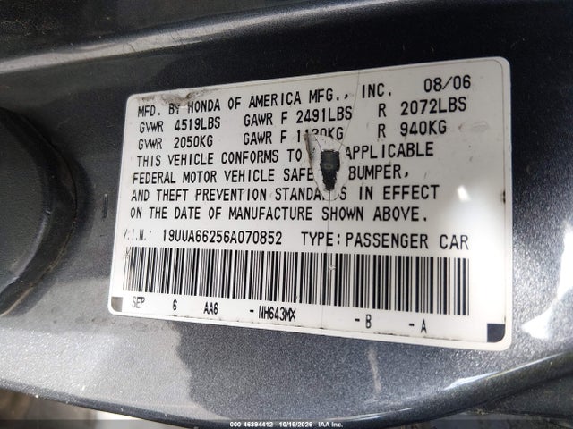 Aukcja sprzedaży 2006 Acura Tl, vin: 19UUA66256A070852, numer aukcji: 46394412