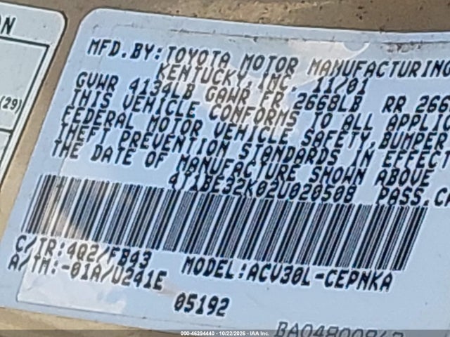 Продаж на аукціоні авто 2002 Toyota Camry Le, vin: 4T1BE32K02U020508, номер лоту: 46394440