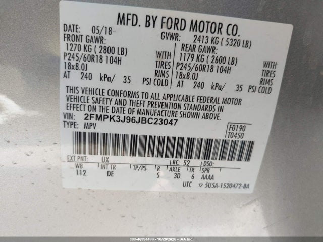 Aukcja sprzedaży 2018 Ford Edge Sel, vin: 2FMPK3J96JBC23047, numer aukcji: 46394499