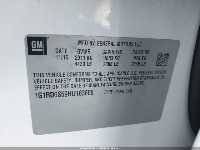 Aukcja sprzedaży 2017 Chevrolet Volt Premier, vin: 1G1RD6S59HU163668, numer aukcji: 46394507