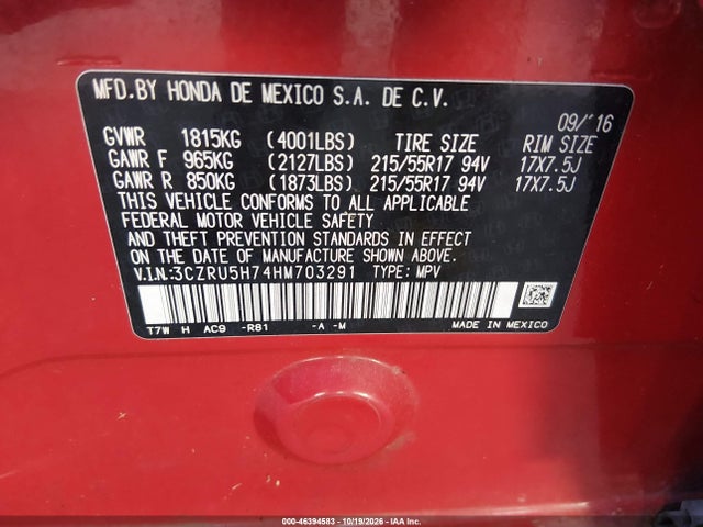 Aukcja sprzedaży 2017 Honda Hr-v Ex-l, vin: 3CZRU5H74HM703291, numer aukcji: 46394583
