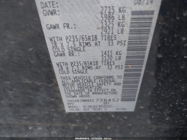 Продаж на аукціоні авто 2014 Nissan Pathfinder S, vin: 5N1AR2MM8EC726452, номер лоту: 46394616