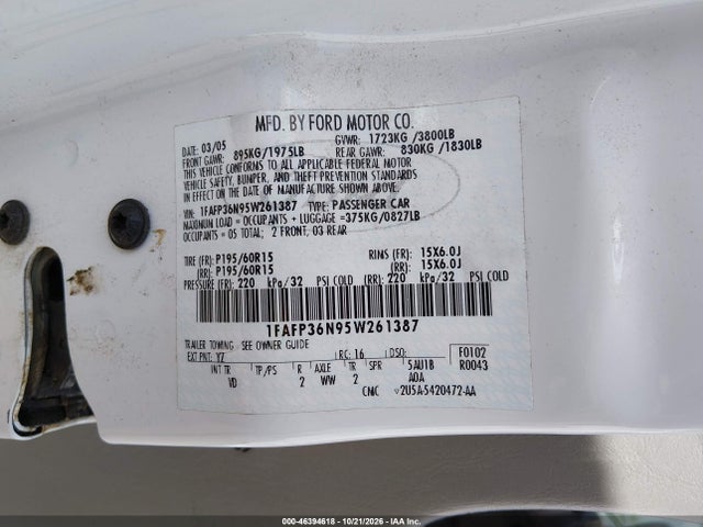 2005 Ford Focus Zxw მანქანა იყიდება აუქციონზე, vin: 1FAFP36N95W261387, აუქციონის ნომერი: 46394618