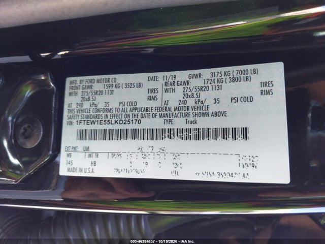 2020 Ford F-150 Lariat მანქანა იყიდება აუქციონზე, vin: 1FTEW1E55LKD25170, აუქციონის ნომერი: 46394637