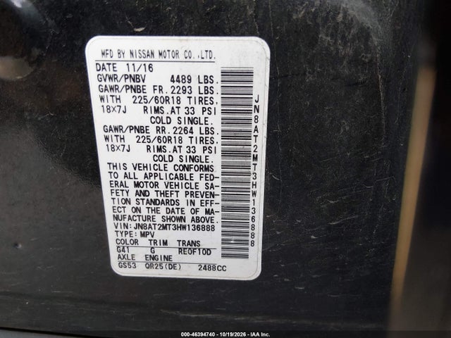 2017 Nissan Rogue Sl მანქანა იყიდება აუქციონზე, vin: JN8AT2MT3HW136888, აუქციონის ნომერი: 46394740