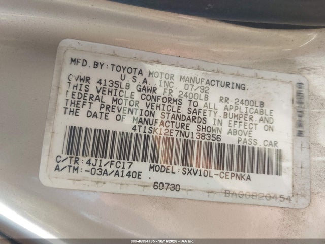 46394785 :رقم المزاد ، 4T1SK12E7NU138356 vin ، 1992 Toyota Camry Le مزاد بيع