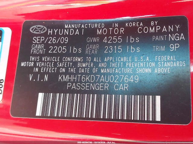 Aukcja sprzedaży 2010 Hyundai Genesis 2.0t Premium, vin: KMHHT6KD7AU027649, numer aukcji: 46394796
