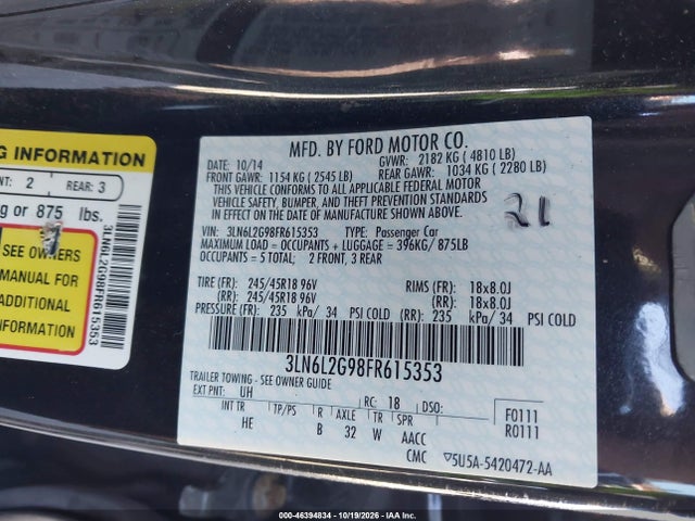 Продажа на аукционе авто 2015 Lincoln Mkz, vin: 3LN6L2G98FR615353, номер лота: 46394834