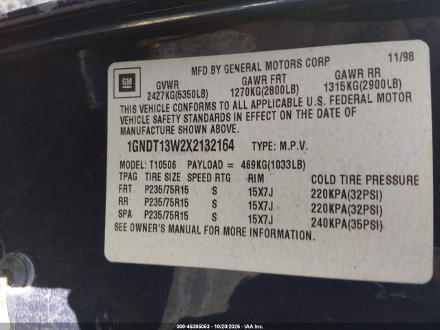 46395053 :رقم المزاد ، 1GNDT13W2X2132164 vin ، 1999 Chevrolet Blazer Lt مزاد بيع