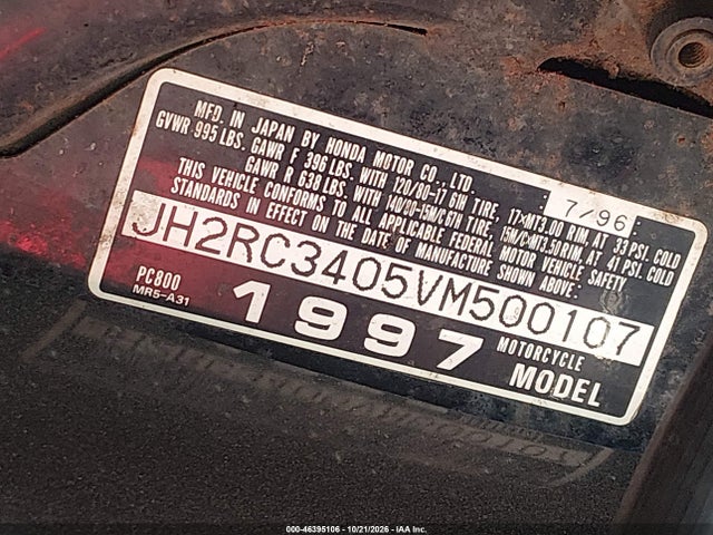 46395106 :رقم المزاد ، JH2RC3405VM500107 vin ، 1997 Honda Pc800 مزاد بيع