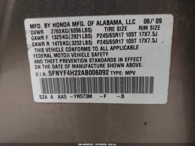 46395182 :رقم المزاد ، 5FNYF4H22AB006092 vin ، 2010 Honda Pilot Lx مزاد بيع