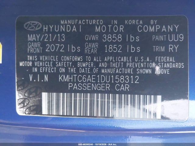 Продаж на аукціоні авто 2013 Hyundai Veloster Turbo W/black, vin: KMHTC6AE1DU158312, номер лоту: 46395240