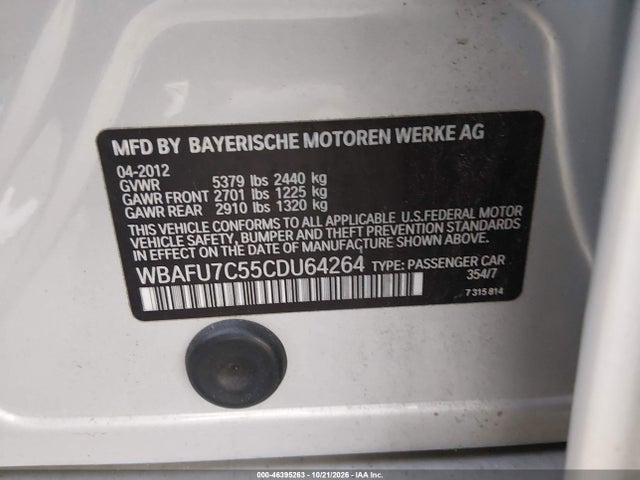 Auction sale of the 2012 Bmw 535i Xdrive, vin: WBAFU7C55CDU64264, lot number: 46395263