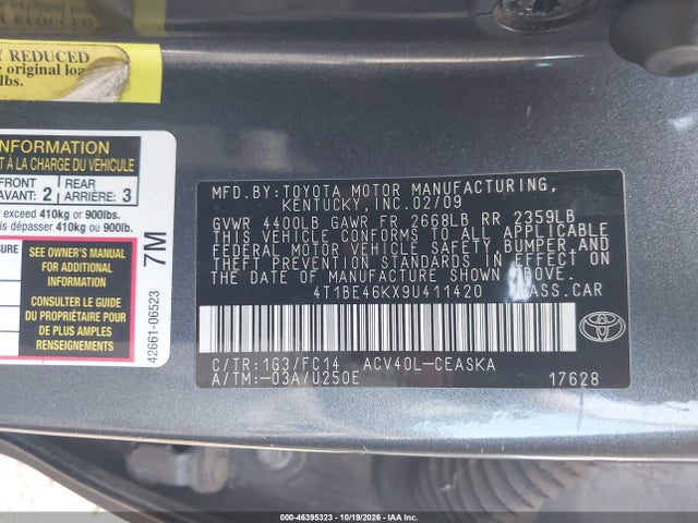 2009 Toyota Camry Se მანქანა იყიდება აუქციონზე, vin: 4T1BE46KX9U411420, აუქციონის ნომერი: 46395323