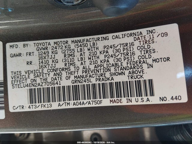 46395362 :رقم المزاد ، 5TELU4EN2AZ705641 vin ، 2010 Toyota Tacoma Base V6 مزاد بيع