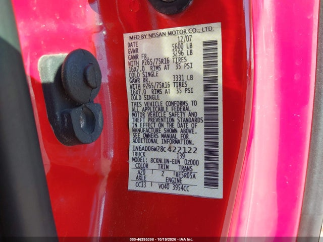 46395398 :رقم المزاد ، 1N6AD06W28C422122 vin ، 2008 Nissan Frontier Nismo Off Road مزاد بيع