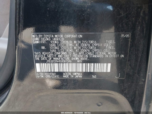 46395420 :رقم المزاد ، JTEGD20V450081596 vin ، 2005 Toyota Rav4 مزاد بيع